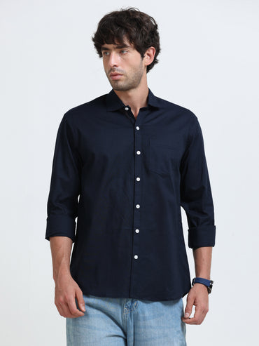 Men’s Classic Navy Blue Linen Regular Collar Shirt – Lightweight Premium Summer Casual & Smart Style