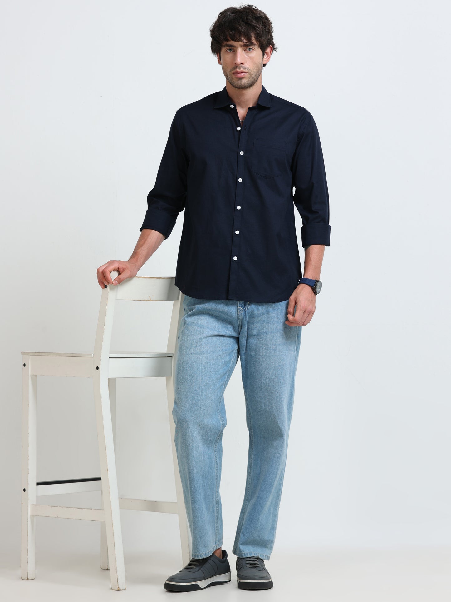 Men’s Classic Navy Blue Linen Regular Collar Shirt – Lightweight Premium Summer Casual & Smart Style