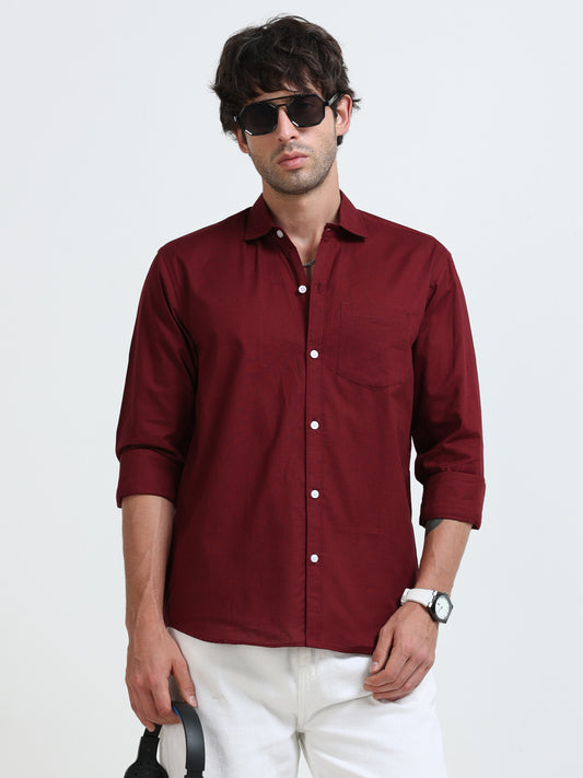 Men’s Classic Maroon Linen Regular Collar Shirt – Lightweight Premium Summer Casual & Smart Style