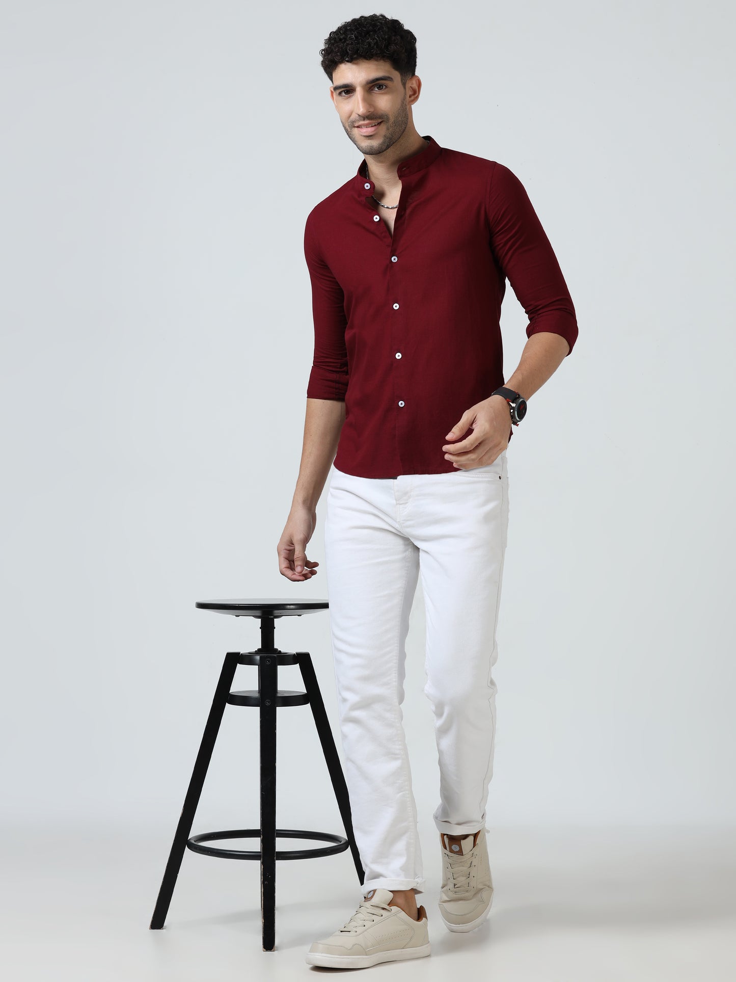 Cotton Chinese Collar Shirt - Red