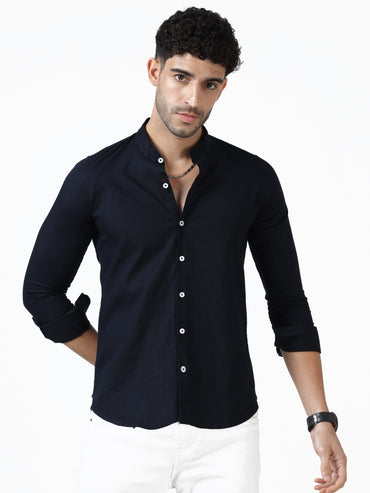 Cotton Chinese Collar Shirt - Navy Blue