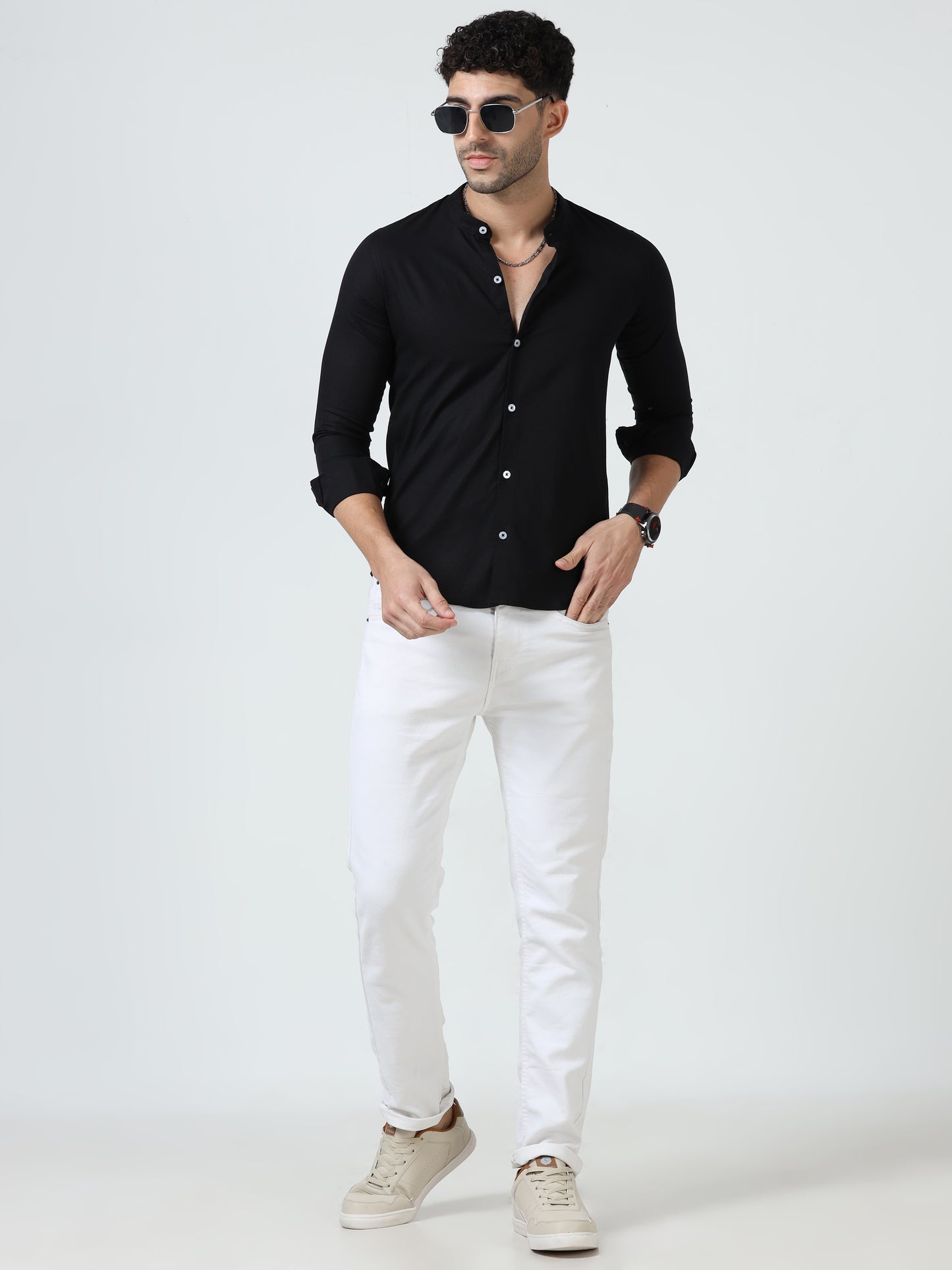 Cotton Chinese Collar Shirt - Black