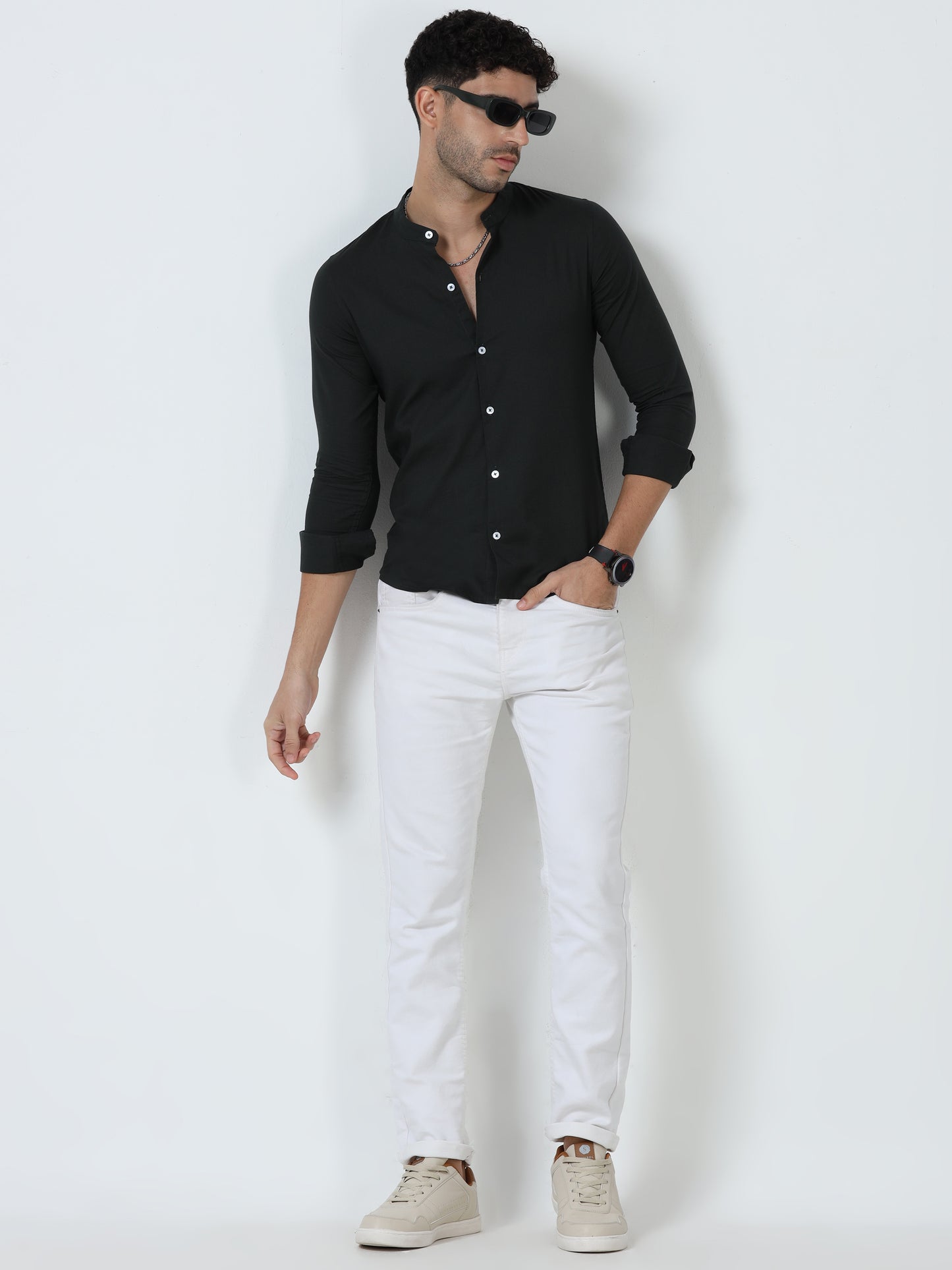 Cotton Chinese Collar Shirt - Dark Green