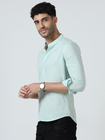 Cotton Chinese Collar Shirt - LightGreen