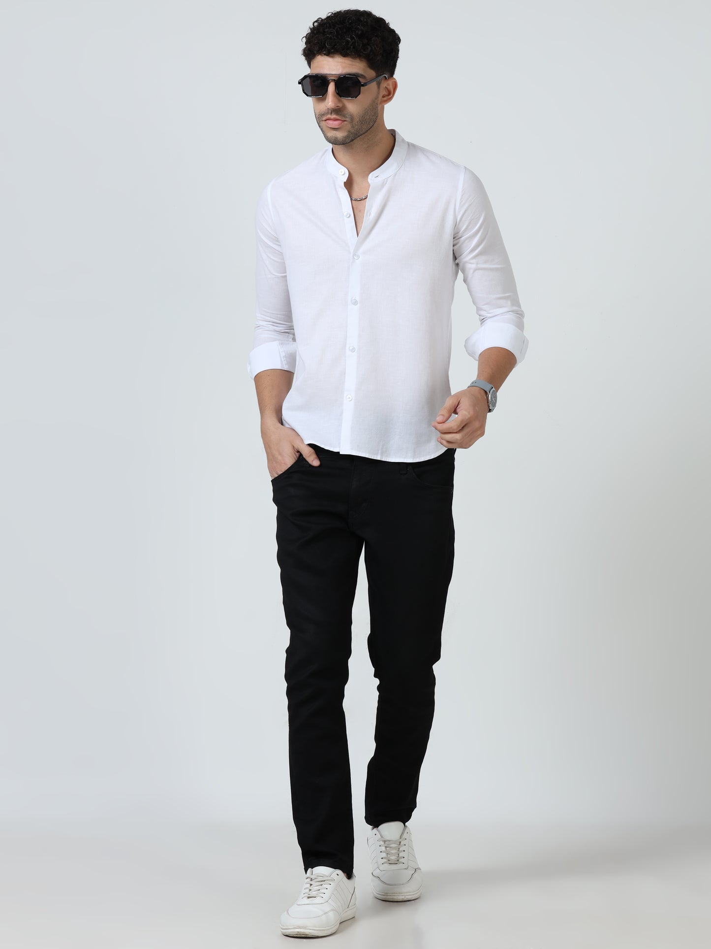 Cotton Chinese Collar Shirt - White