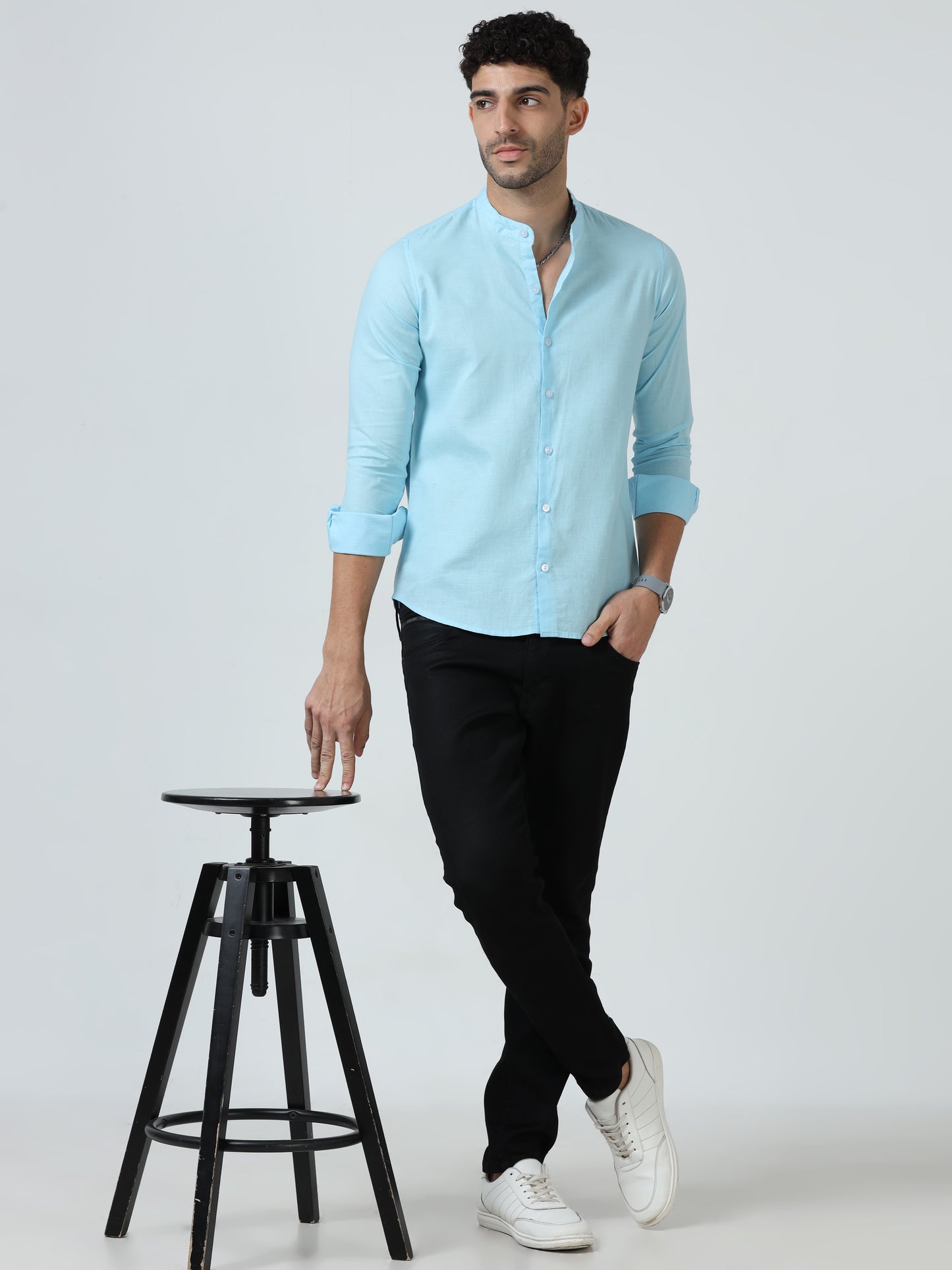 Cotton Chinese Collar Shirt - Light Blue