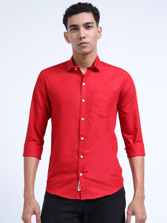 Men's Cotton Full Sleeve Regular Fit Casual Solid Shirt with Spread Collar-Red