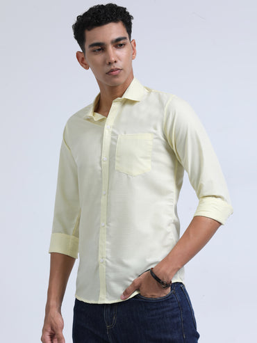 Men's Cotton Full Sleeve Regular Fit Casual Solid Shirt with Spread Collar-Lemon Yellow