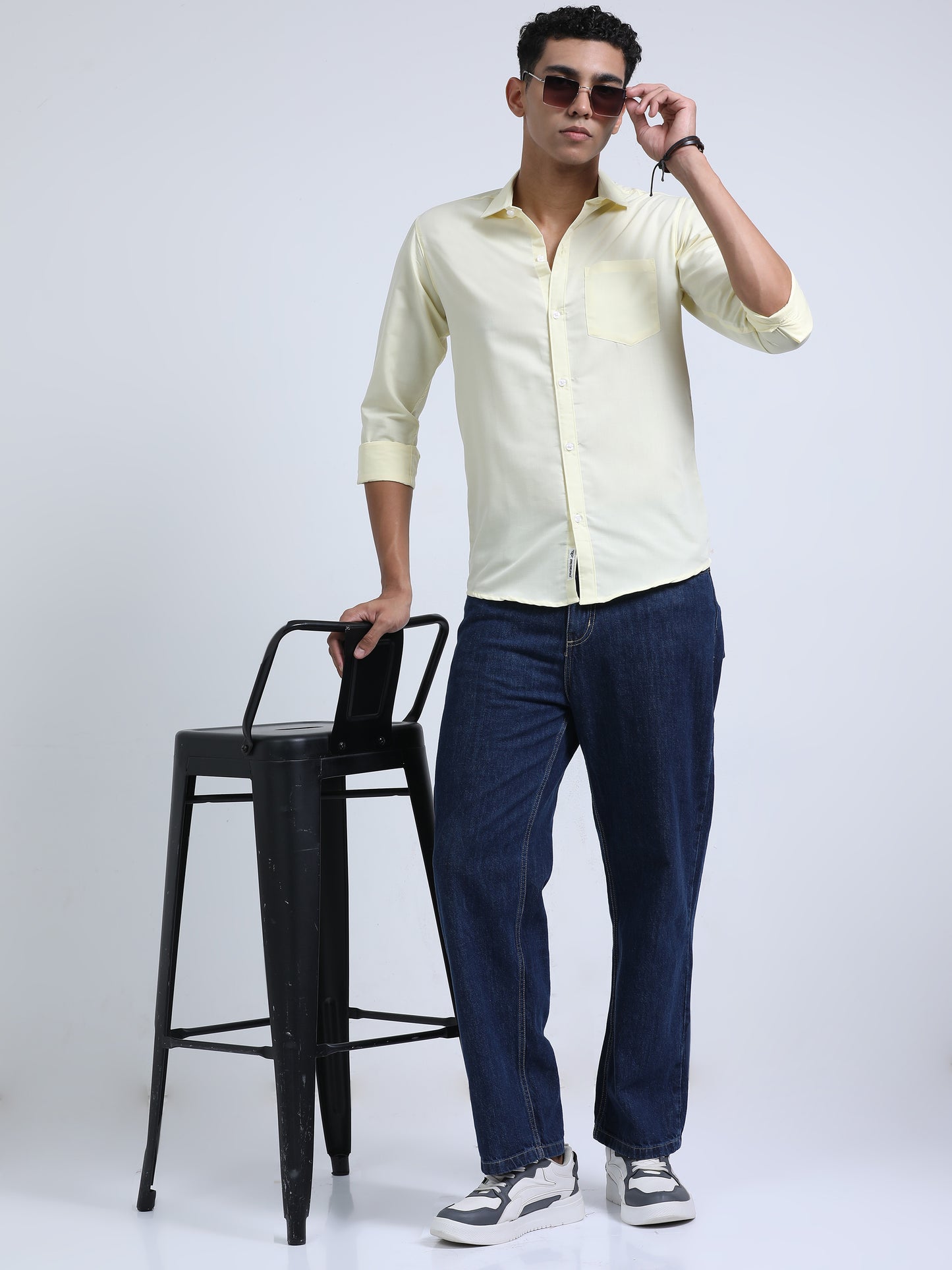 Men's Cotton Full Sleeve Regular Fit Casual Solid Shirt with Spread Collar-Lemon Yellow