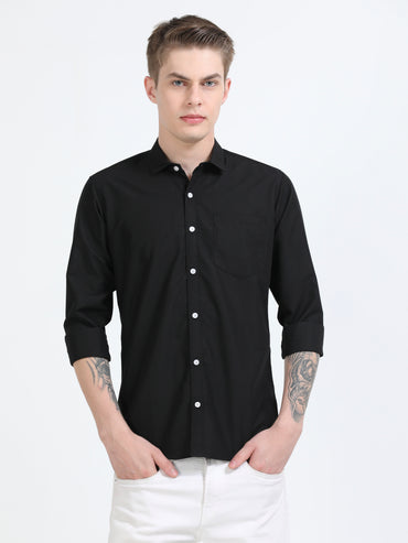 Men's Cotton Full Sleeve Regular Fit Casual Solid Shirt with Spread Collar-Black