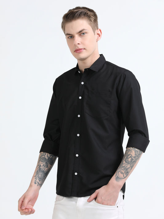Men's Cotton Full Sleeve Regular Fit Casual Solid Shirt with Spread Collar-Black