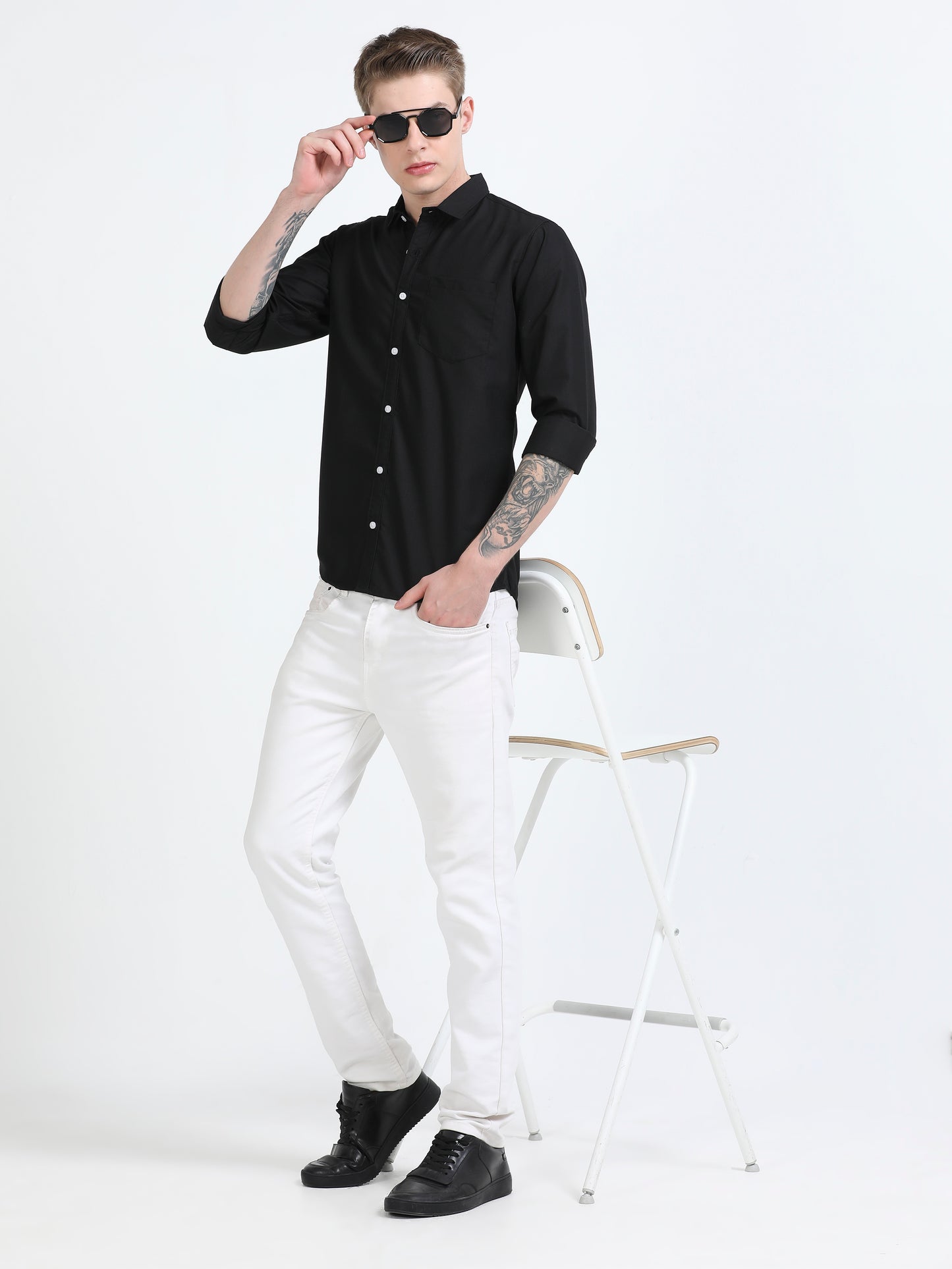 Men's Cotton Full Sleeve Regular Fit Casual Solid Shirt with Spread Collar-Black