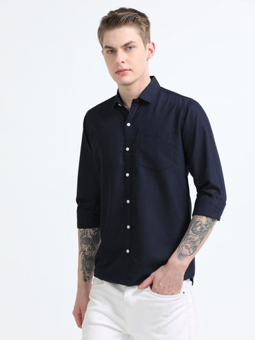 Men's Cotton Full Sleeve Regular Fit Casual Solid Shirt with Spread Collar-Navy Blue