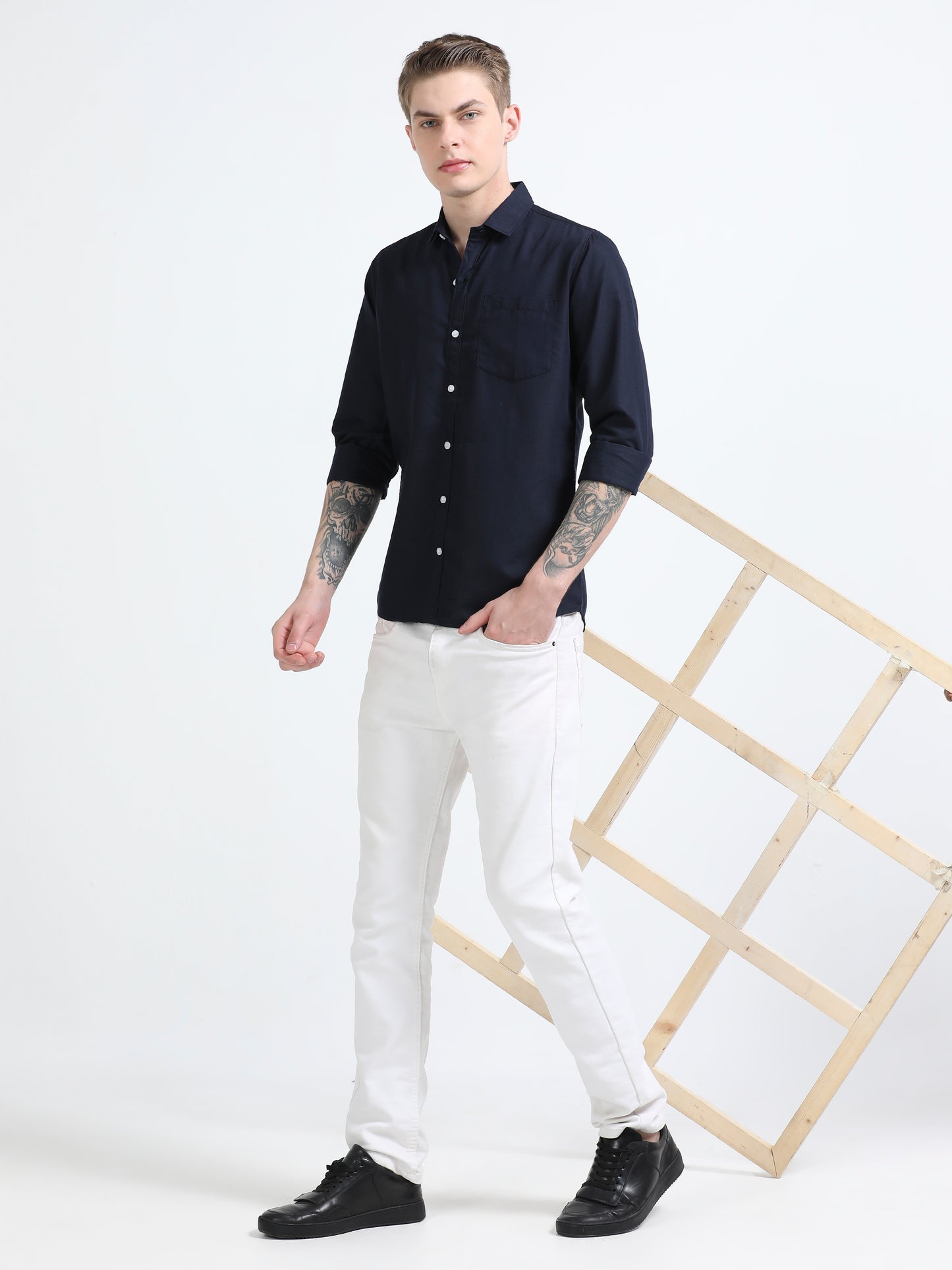 Men's Cotton Full Sleeve Regular Fit Casual Solid Shirt with Spread Collar-Navy Blue