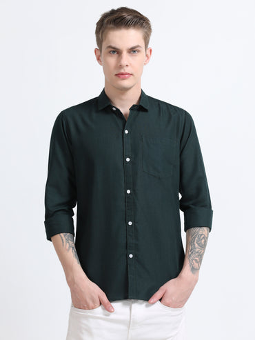 Men's Cotton Full Sleeve Regular Fit Casual Solid Shirt with Spread Collar-Bottle Green