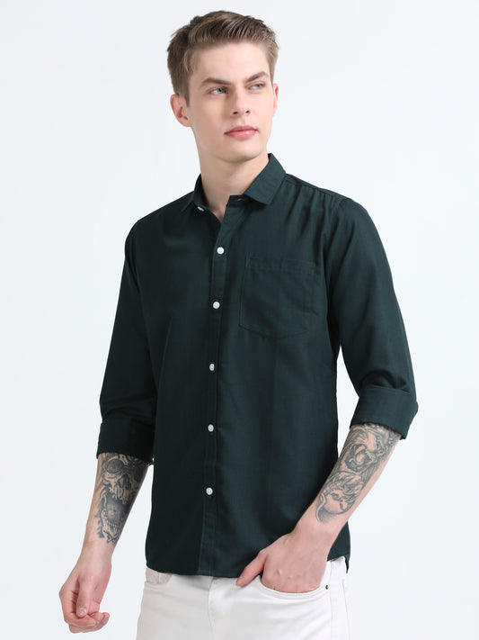 Men's Cotton Full Sleeve Regular Fit Casual Solid Shirt with Spread Collar-Bottle Green