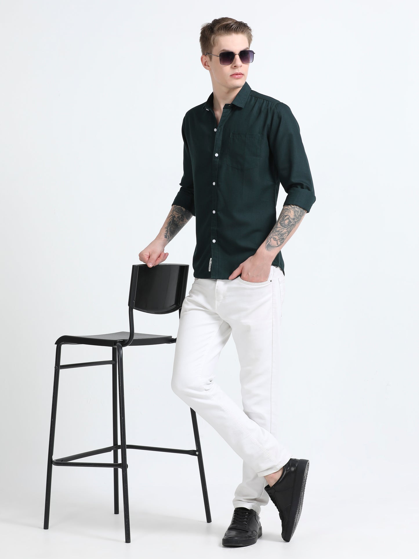 Men's Cotton Full Sleeve Regular Fit Casual Solid Shirt with Spread Collar-Bottle Green