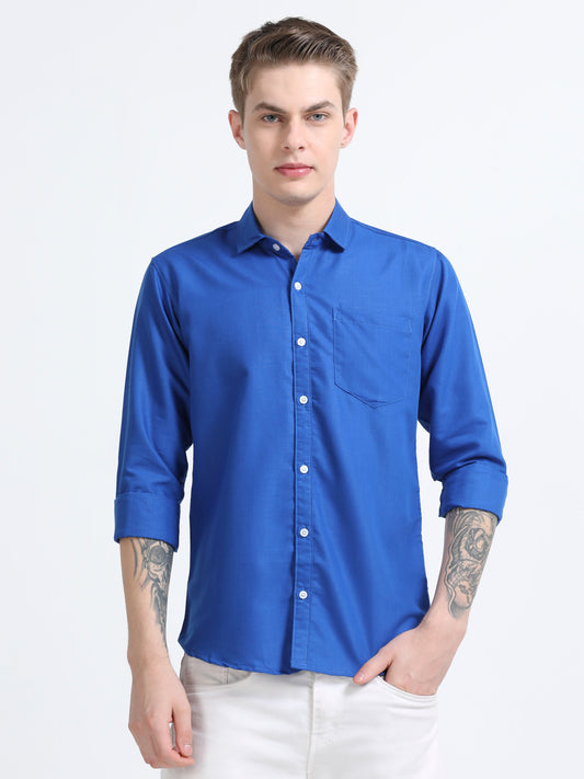 Men's Cotton Full Sleeve Regular Fit Casual Solid Shirt with Spread Collar-Dark Blue