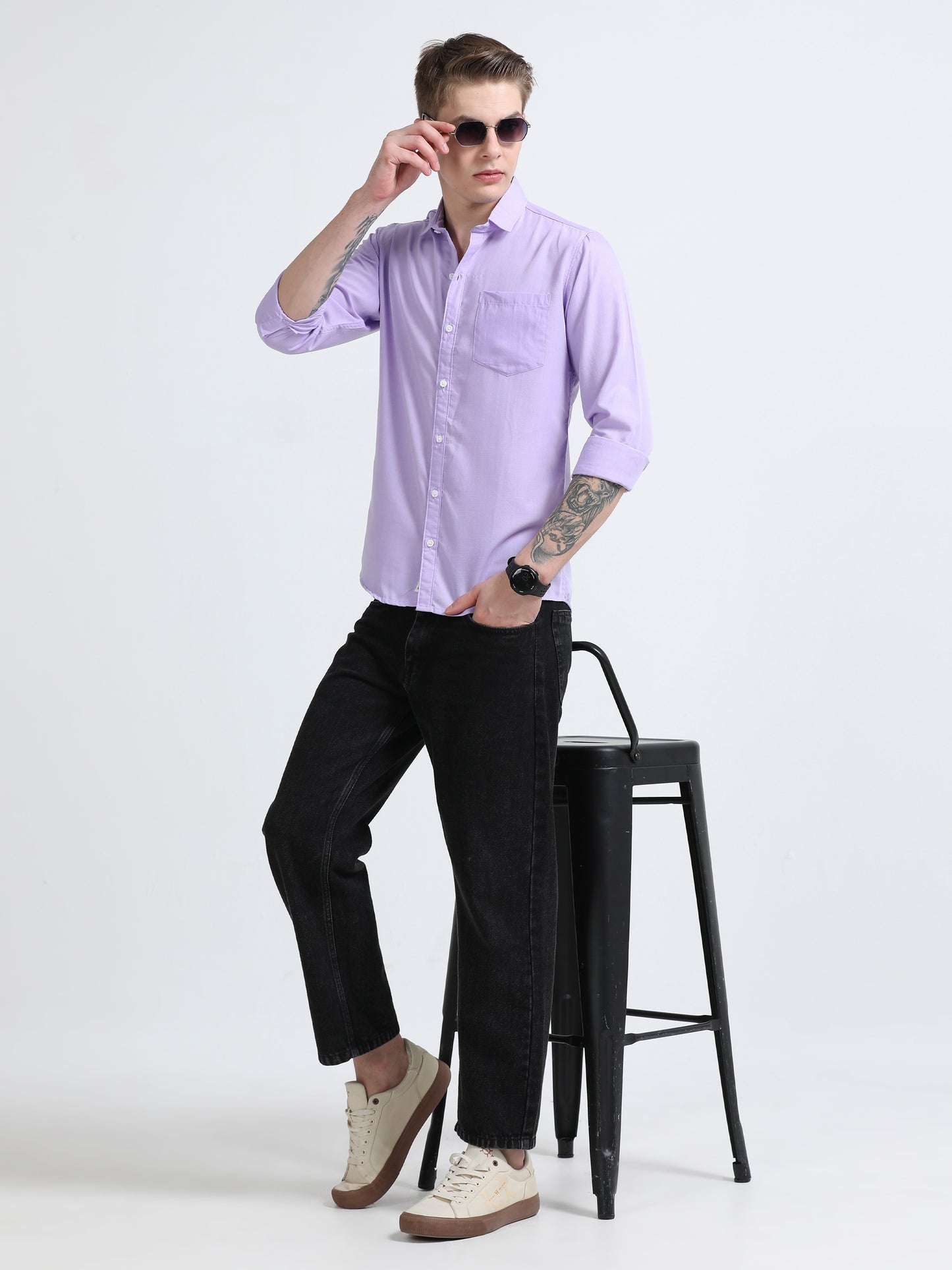 Men's Cotton Full Sleeve Regular Fit Casual Solid Shirt with Spread Collar-Purple