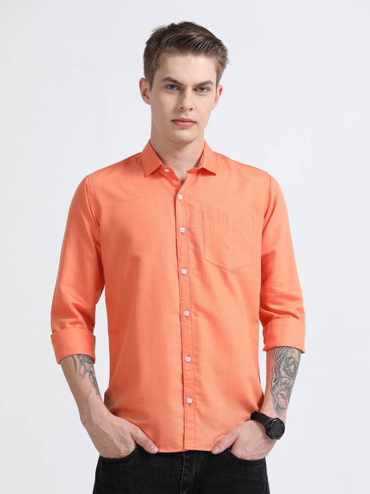 Men's Cotton Full Sleeve Regular Fit Casual Solid Shirt with Spread Collar-Light Orange