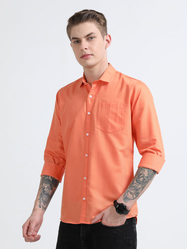 Men's Cotton Full Sleeve Regular Fit Casual Solid Shirt with Spread Collar-Light Orange