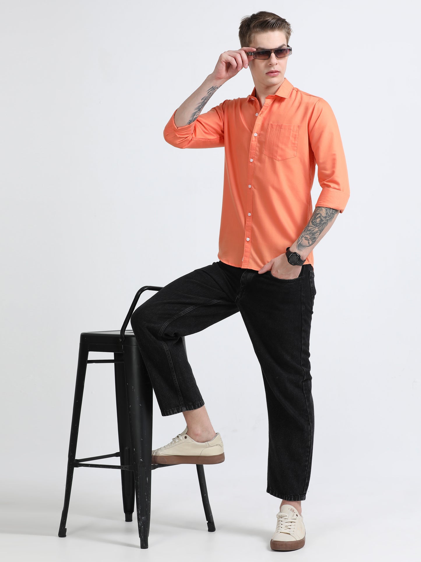 Men's Cotton Full Sleeve Regular Fit Casual Solid Shirt with Spread Collar-Light Orange