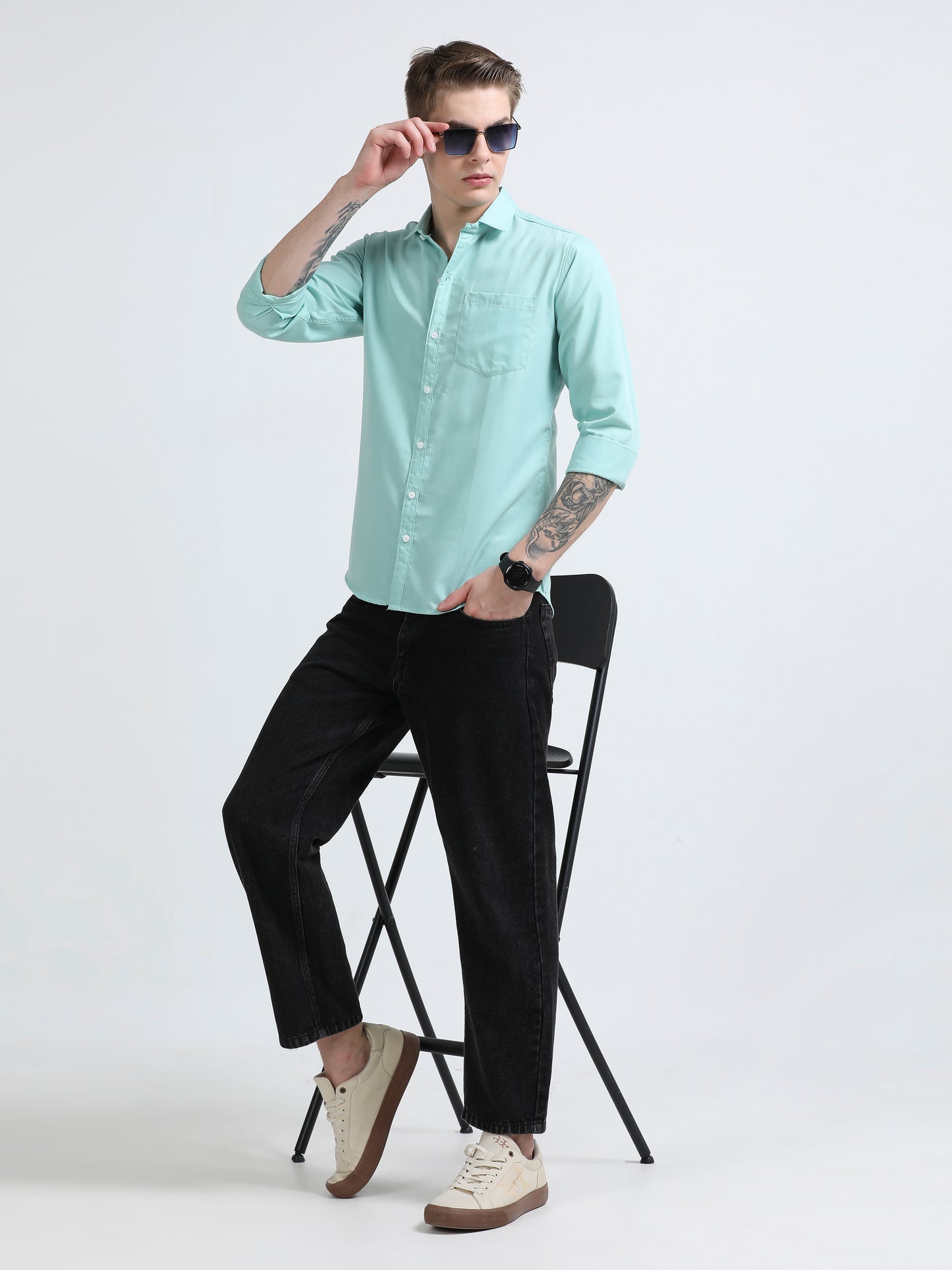 Men's Cotton Full Sleeve Regular Fit Casual Solid Shirt with Spread Collar-Mint Green
