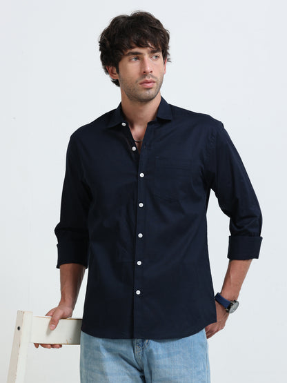 Men’s Classic Navy Blue Linen Regular Collar Shirt – Lightweight Premium Summer Casual & Smart Style