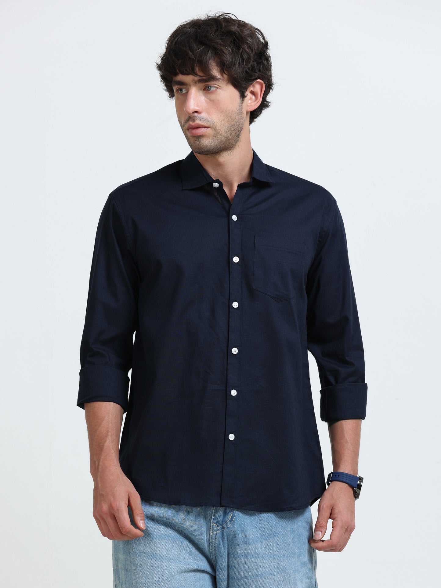 Men’s Classic Navy Blue Linen Regular Collar Shirt – Lightweight Premium Summer Casual & Smart Style