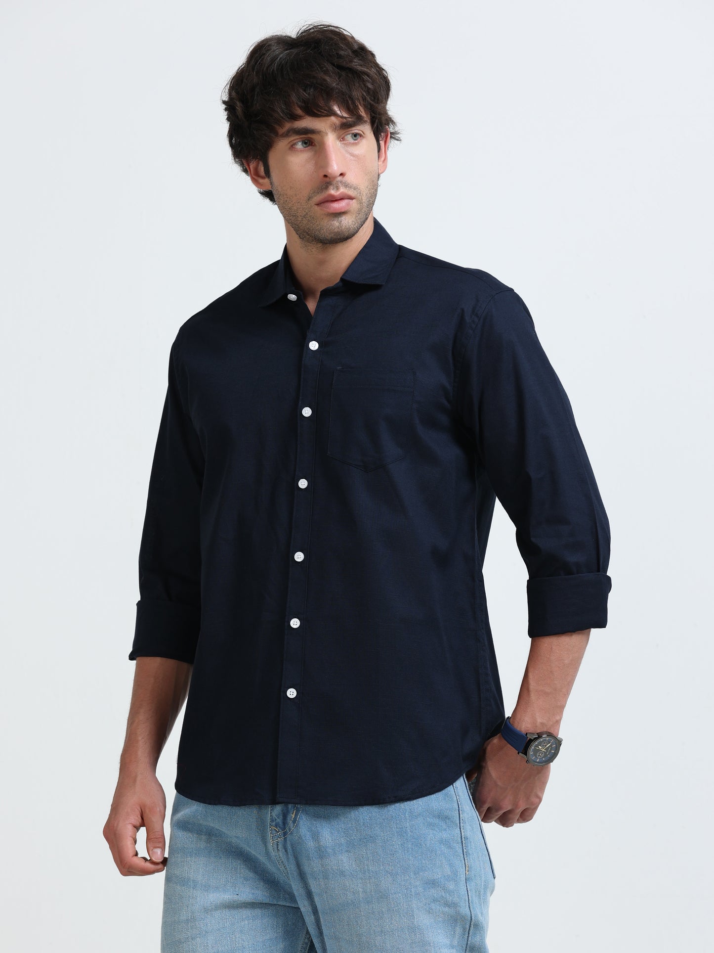 Men’s Classic Navy Blue Linen Regular Collar Shirt – Lightweight Premium Summer Casual & Smart Style