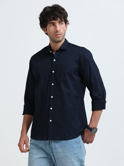 Men’s Classic Navy Blue Linen Regular Collar Shirt – Lightweight Premium Summer Casual & Smart Style
