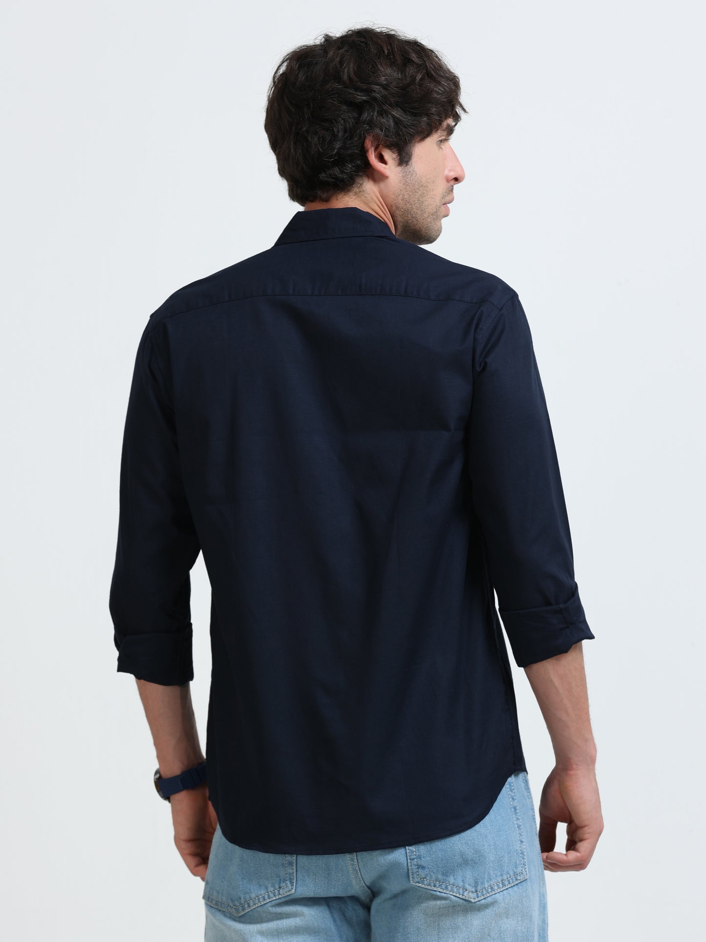 Men’s Classic Navy Blue Linen Regular Collar Shirt – Lightweight Premium Summer Casual & Smart Style