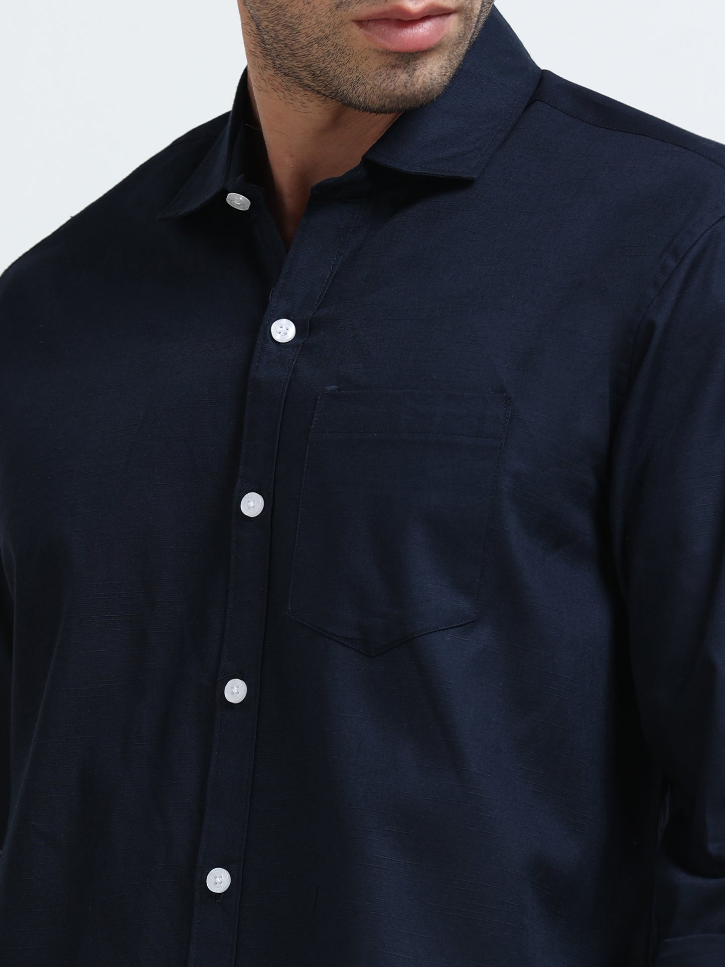 Men’s Classic Navy Blue Linen Regular Collar Shirt – Lightweight Premium Summer Casual & Smart Style