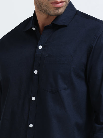 Men’s Classic Navy Blue Linen Regular Collar Shirt – Lightweight Premium Summer Casual & Smart Style