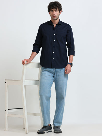 Men’s Classic Navy Blue Linen Regular Collar Shirt – Lightweight Premium Summer Casual & Smart Style