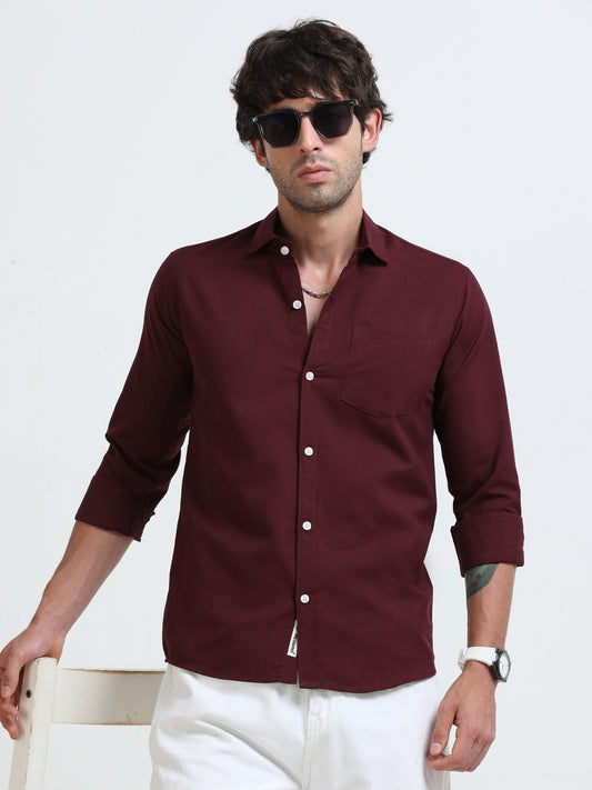 Men’s Classic Wine Linen Regular Collar  Shirt – Lightweight Premium Summer Casual & Smart Style