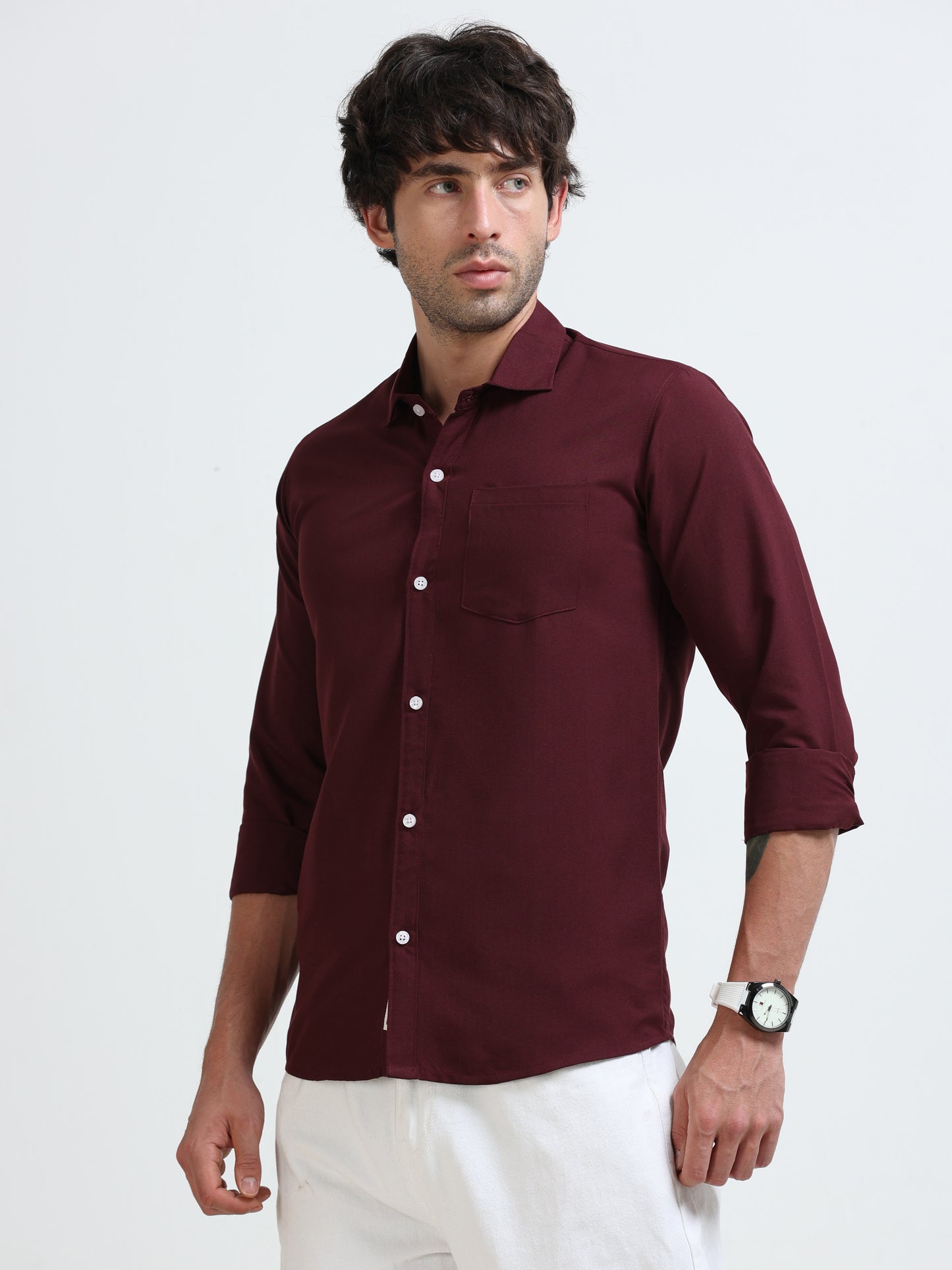 Men’s Classic Wine Linen Regular Collar  Shirt – Lightweight Premium Summer Casual & Smart Style