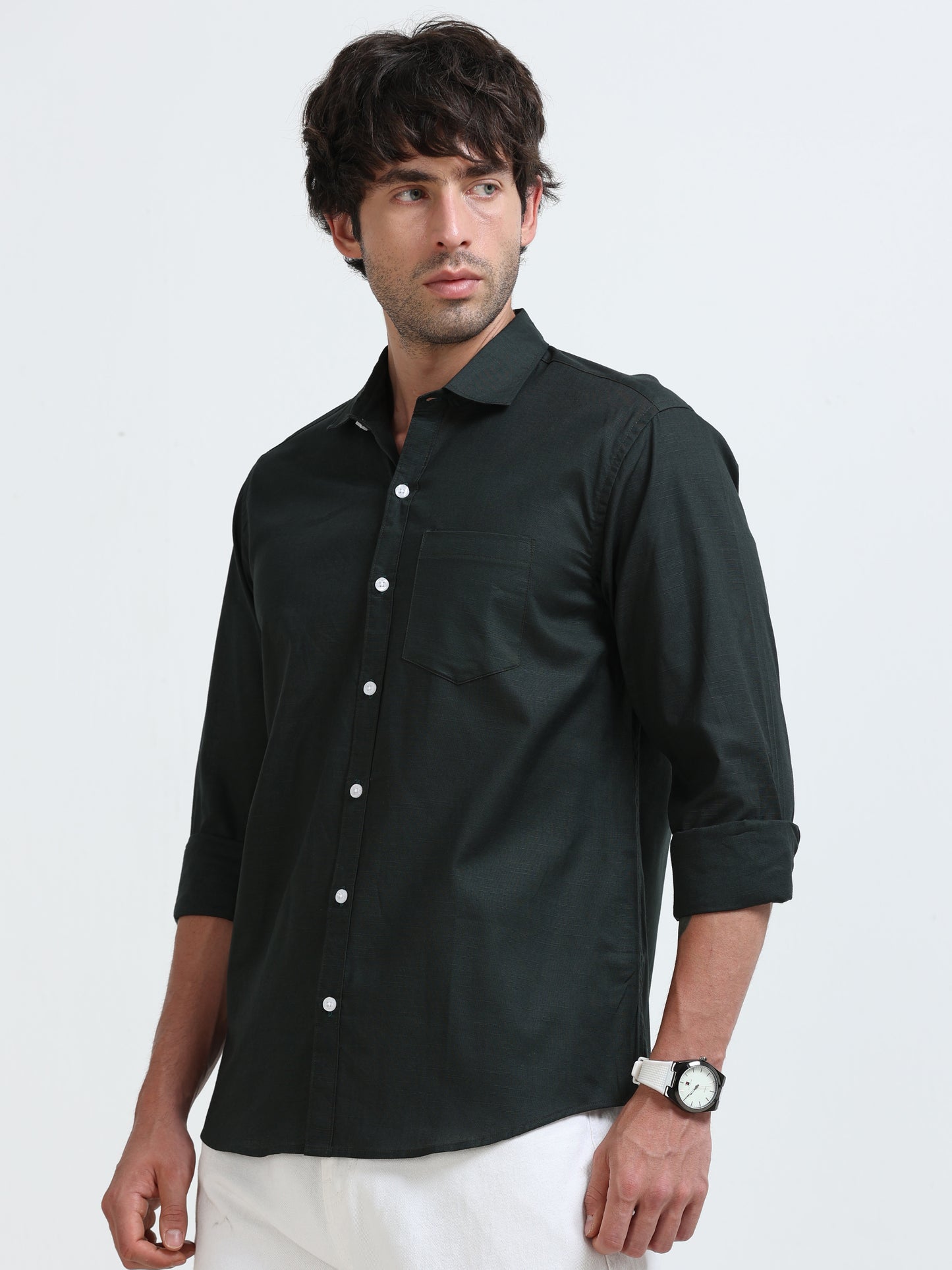Men’s Classic Bottle Green  Linen Regular Collar Shirt – Lightweight Premium Summer Casual & Smart Style