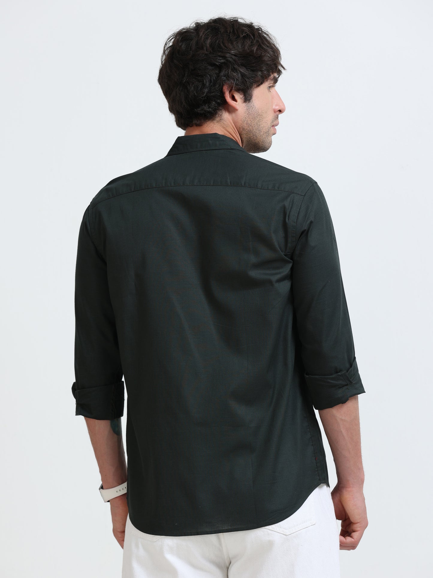 Men’s Classic Bottle Green  Linen Regular Collar Shirt – Lightweight Premium Summer Casual & Smart Style