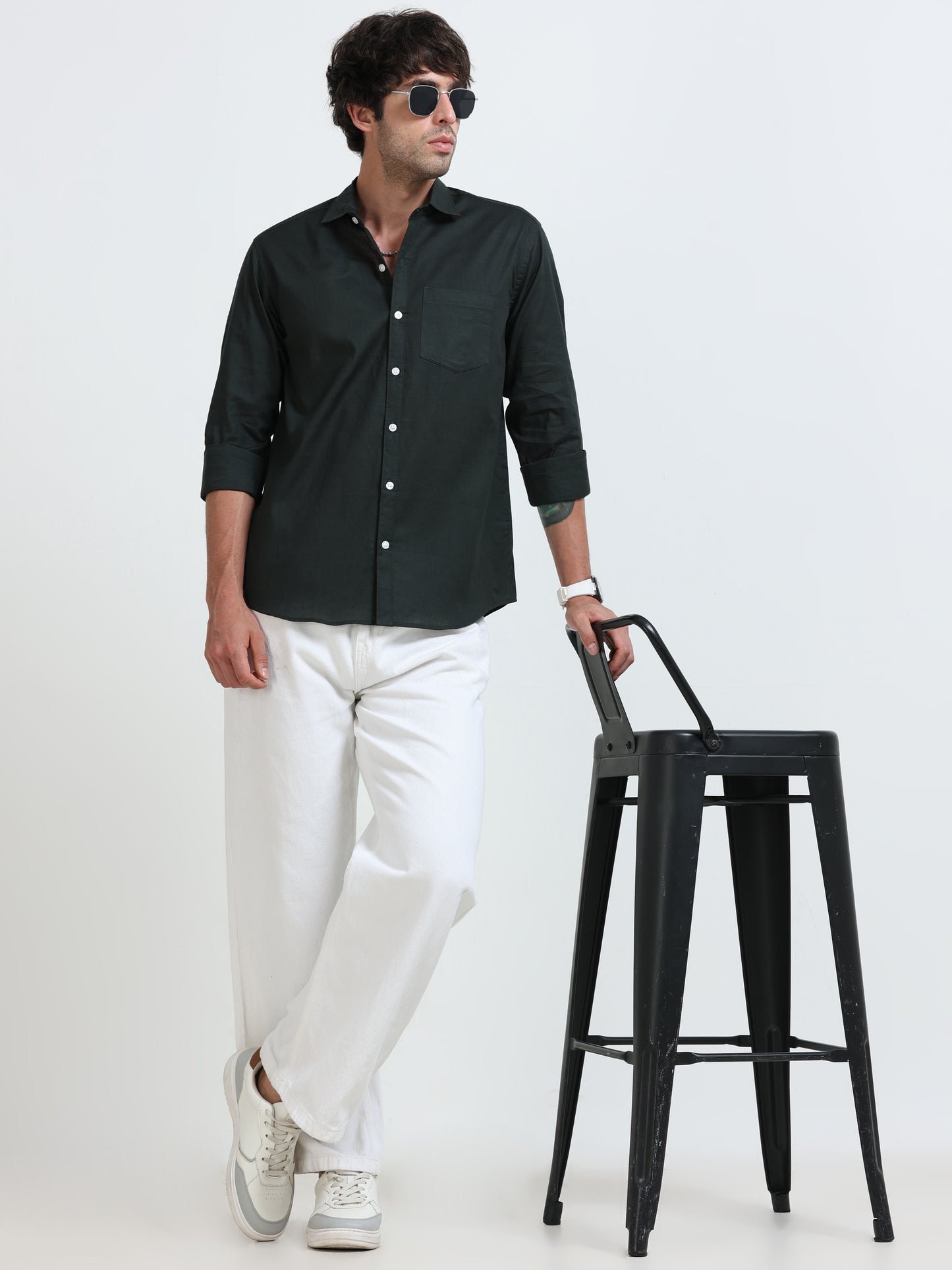 Men’s Classic Bottle Green  Linen Regular Collar Shirt – Lightweight Premium Summer Casual & Smart Style