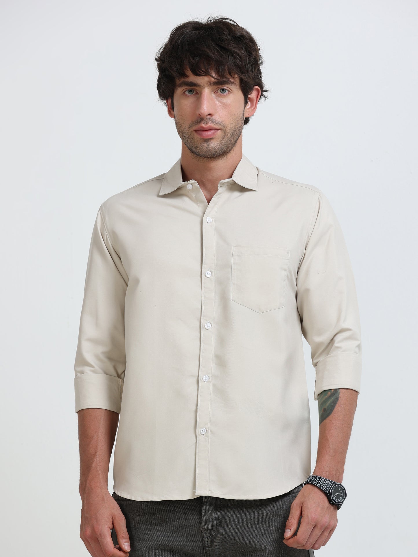 Men’s Premium Beige Casual Shirt – Modern Fit Lightweight Smart Casual Shirt