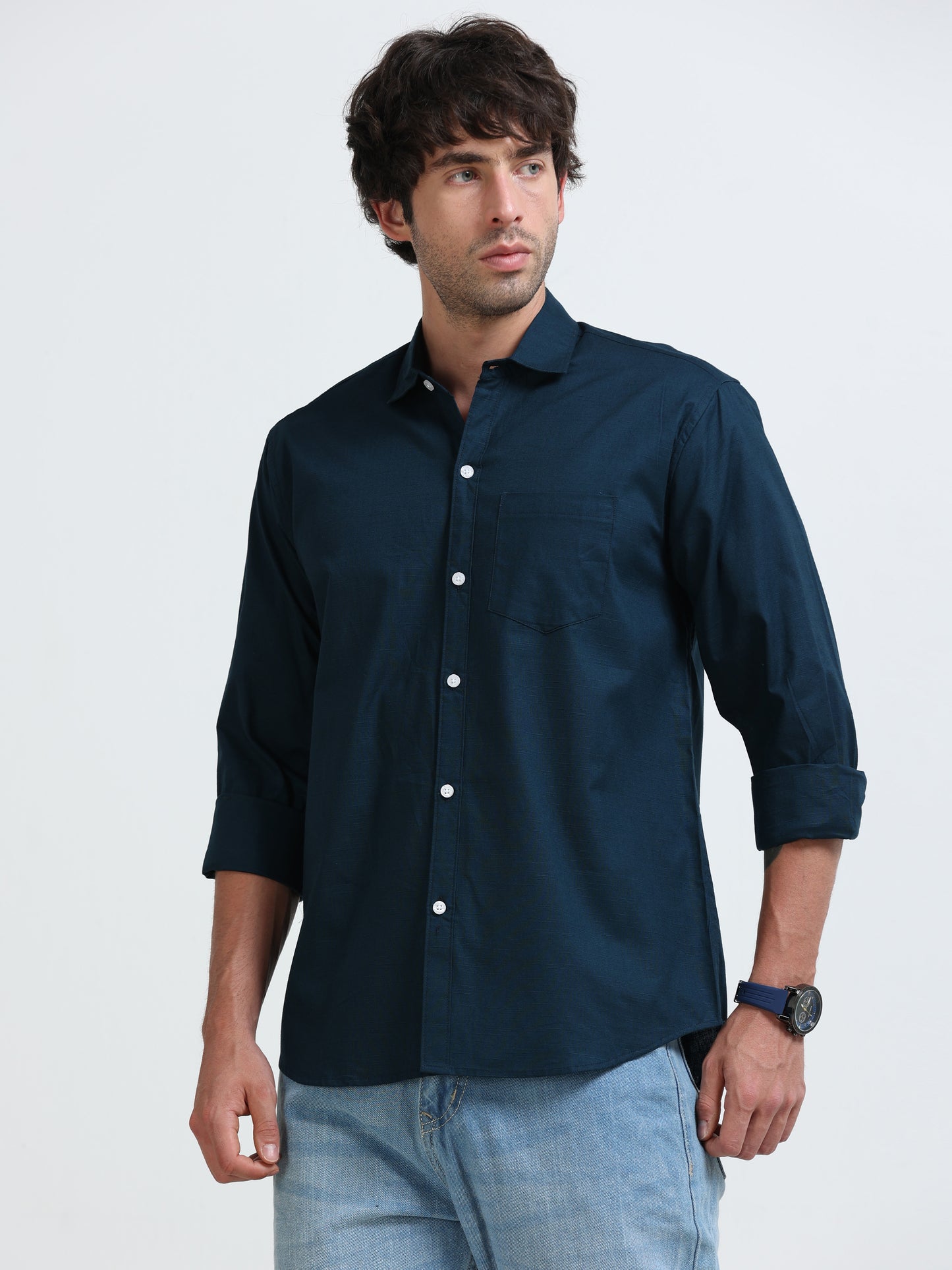 Men’s Classic Peacock Blue Linen Regular Collar Shirt – Lightweight Premium Summer Casual & Smart Style