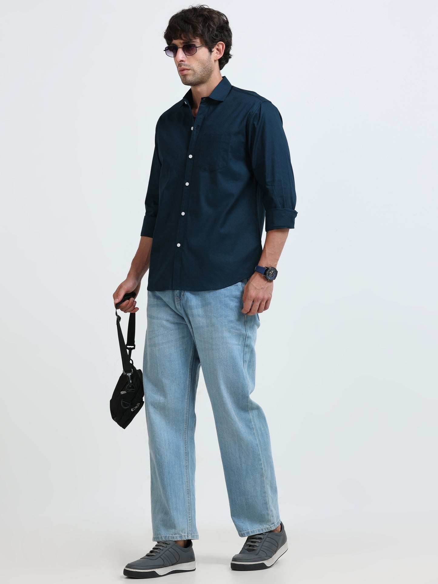Men’s Classic Peacock Blue Linen Regular Collar Shirt – Lightweight Premium Summer Casual & Smart Style