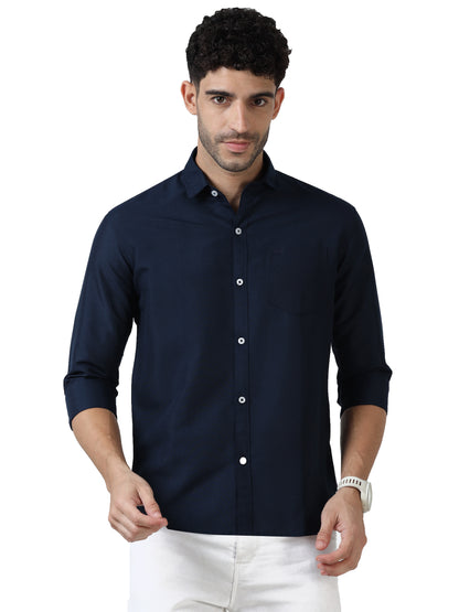 Cotton Spread Collar Shirt - Navy Blue