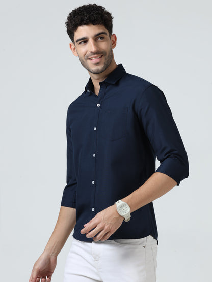 Cotton Spread Collar Shirt - Navy Blue