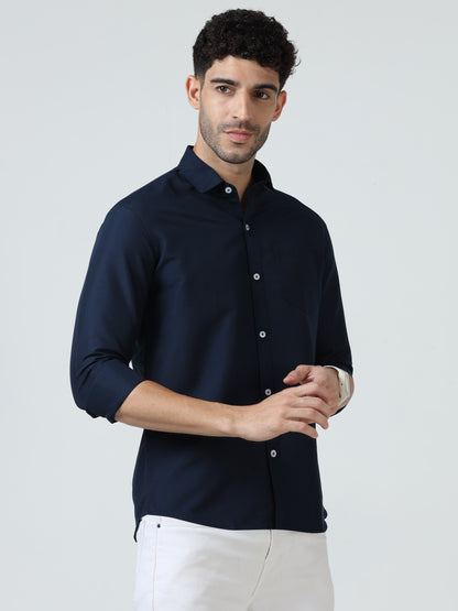 Cotton Spread Collar Shirt - Navy Blue