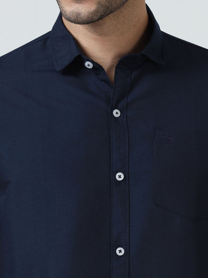 Cotton Spread Collar Shirt - Navy Blue