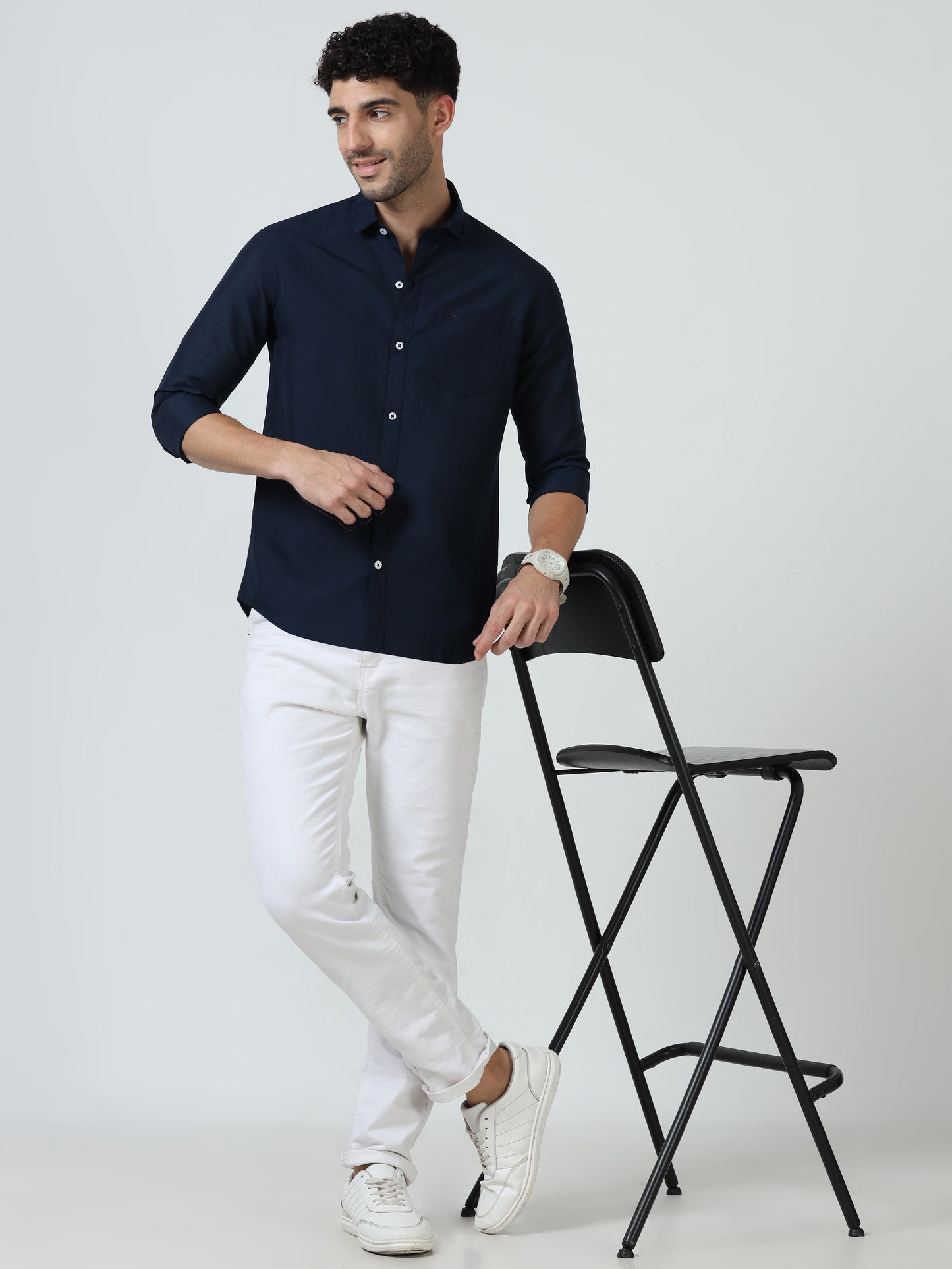 Cotton Spread Collar Shirt - Navy Blue