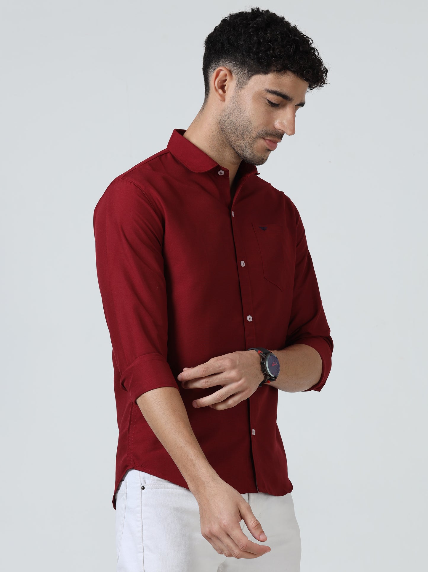 Cotton Spread Collar Shirt - Red
