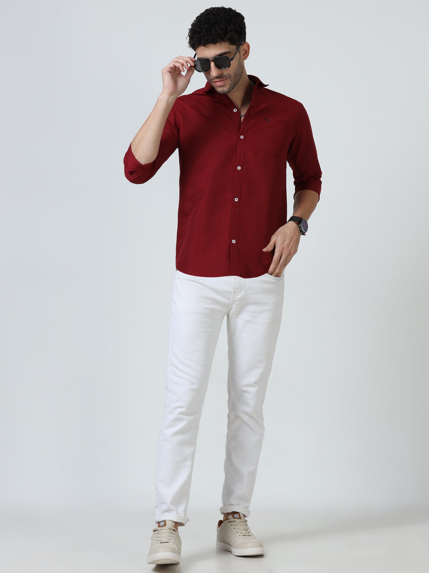Cotton Spread Collar Shirt - Red